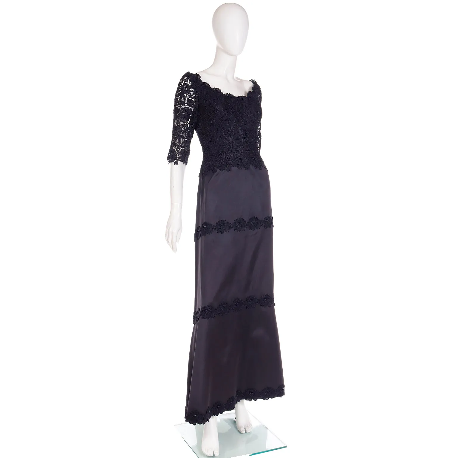 1990s Helen Morley Designer Dress Black Lace Evening Gown Bergdorf Goodman