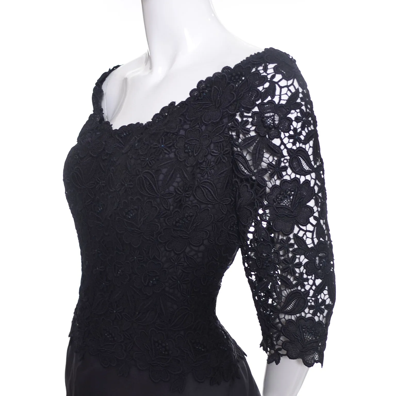 1990s Helen Morley Designer Dress Black Lace Evening Gown Bergdorf Goodman