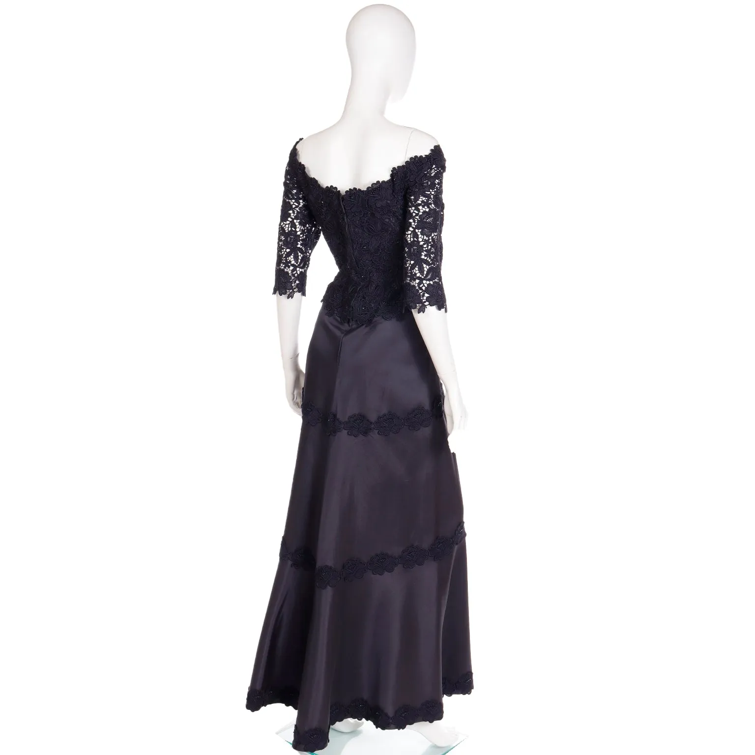 1990s Helen Morley Designer Dress Black Lace Evening Gown Bergdorf Goodman