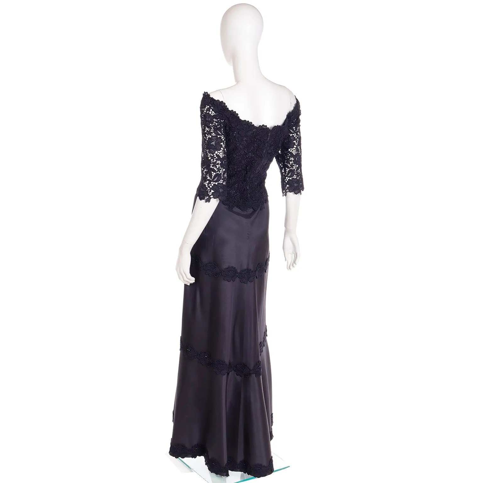 1990s Helen Morley Designer Dress Black Lace Evening Gown Bergdorf Goodman