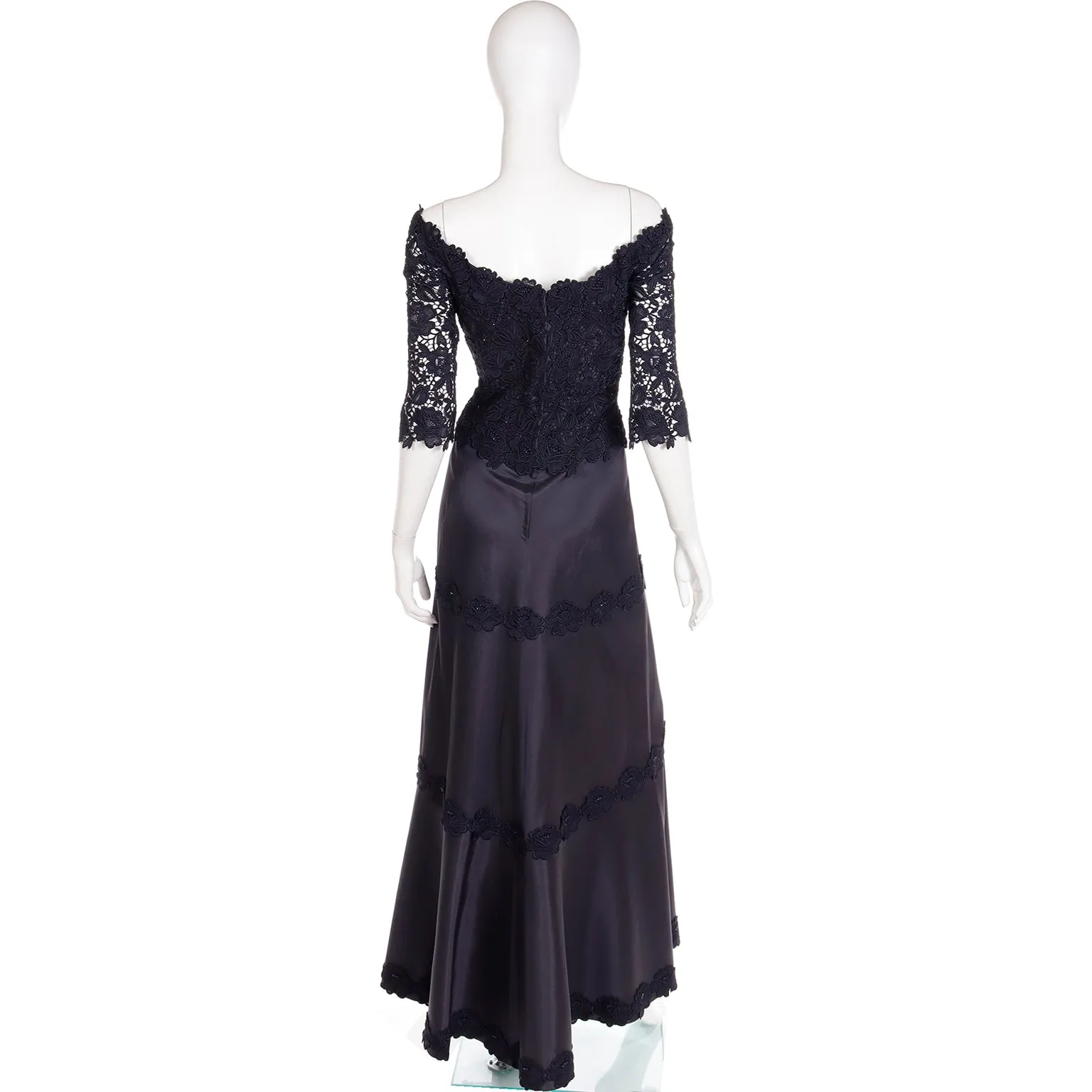 1990s Helen Morley Designer Dress Black Lace Evening Gown Bergdorf Goodman