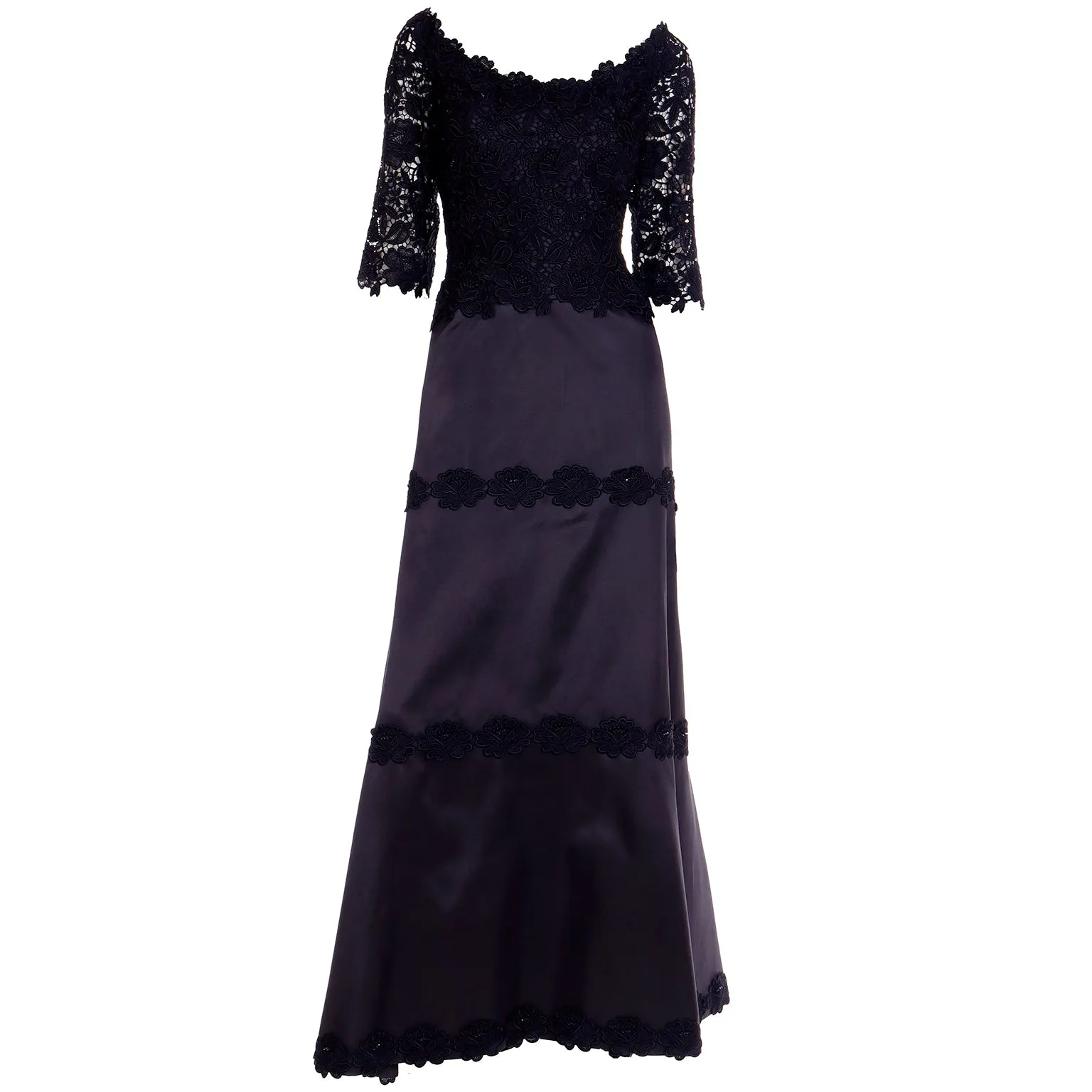 1990s Helen Morley Designer Dress Black Lace Evening Gown Bergdorf Goodman