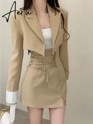 2 Piece Dress Set Women Casual Y2k Crop Tops Elegant Jacket Coats   Mini Skirts Korean Fashion Suits  Autumn Blazers Dress