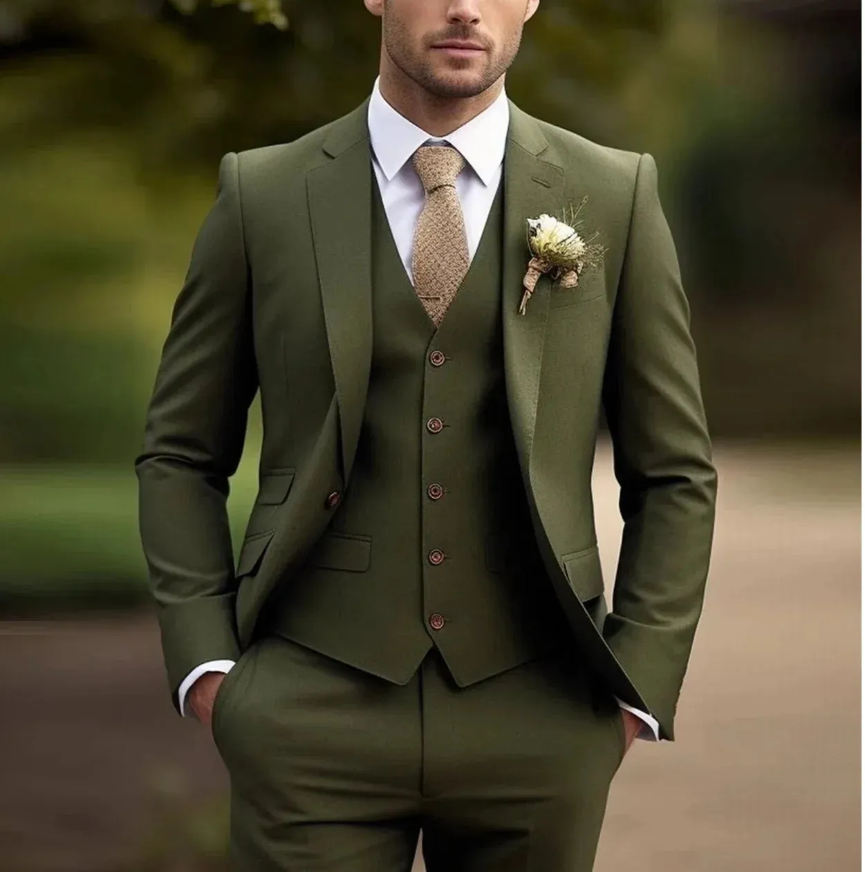 Aidase Elegant Men's Suits Full Set (Jacket Vest Pants ) Army Green Slim FIT Business Casual Tuxedo Blazer Beige Groom Wedding Suits