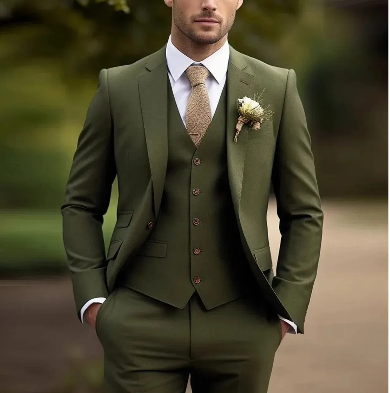 Aidase Elegant Men's Suits Full Set (Jacket Vest Pants ) Army Green Slim FIT Business Casual Tuxedo Blazer Beige Groom Wedding Suits