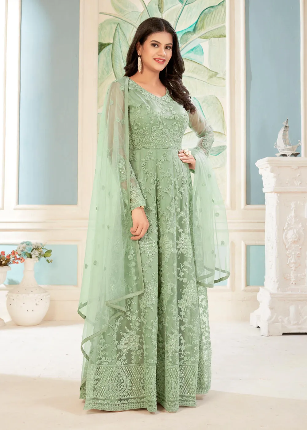 Charming Green Sequins Embroidered Wedding Wear Anarkali Suit