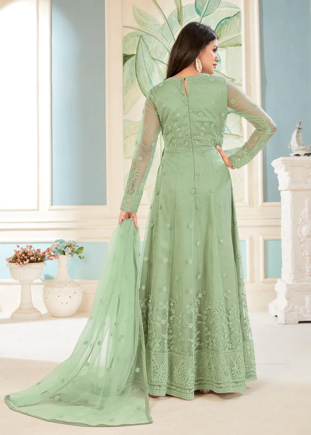 Charming Green Sequins Embroidered Wedding Wear Anarkali Suit