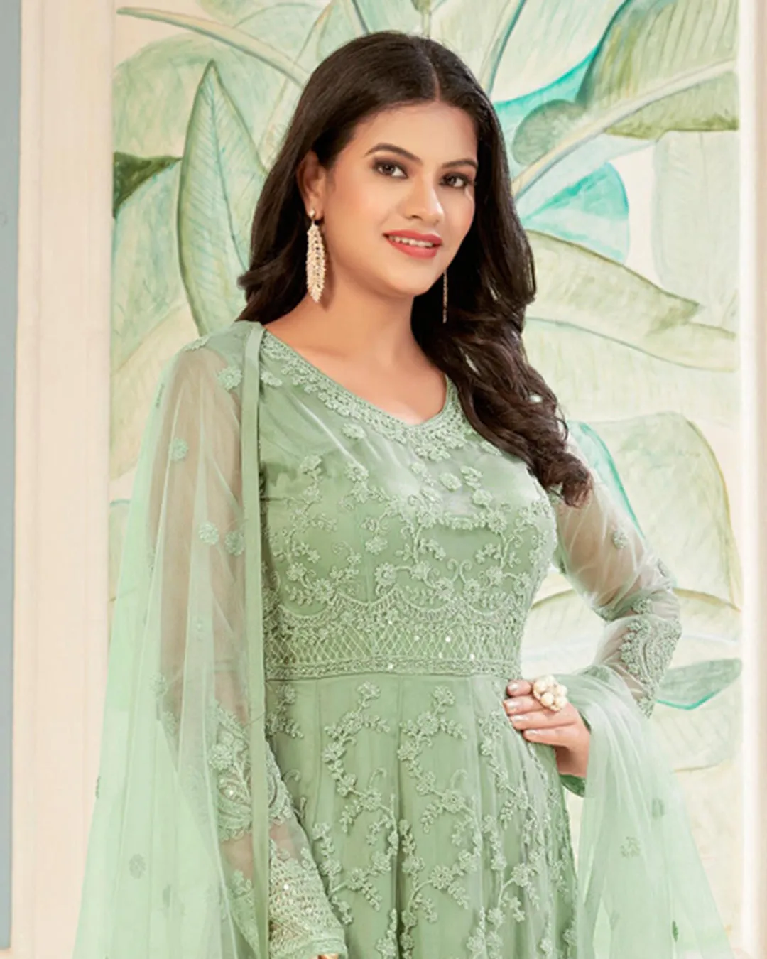 Charming Green Sequins Embroidered Wedding Wear Anarkali Suit