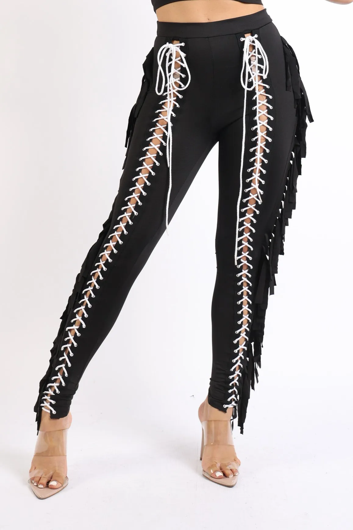 Chic Lace up Detailed Fringe Tassel Pants BLACK