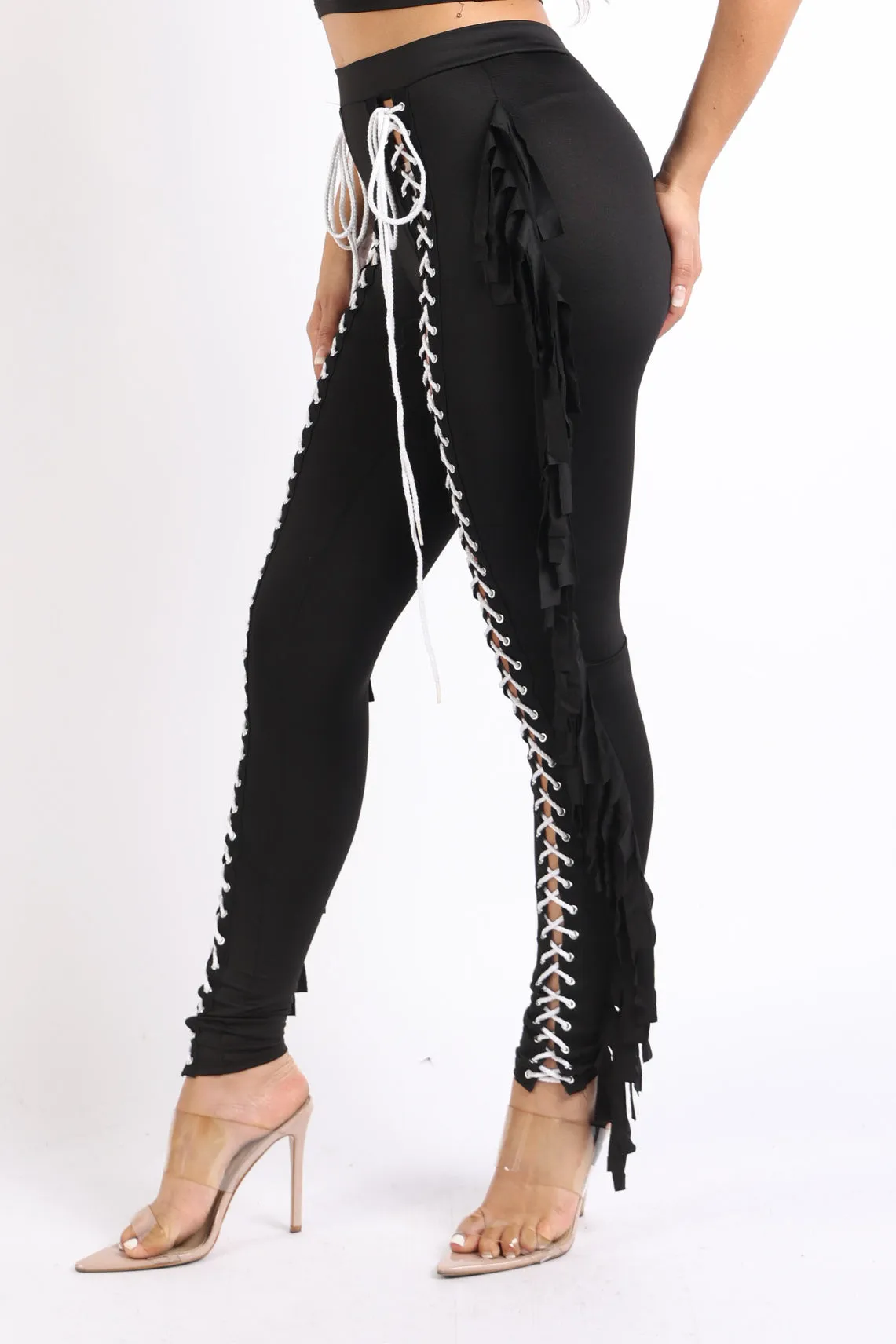 Chic Lace up Detailed Fringe Tassel Pants BLACK