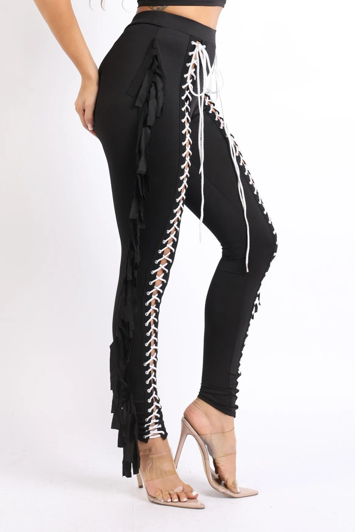 Chic Lace up Detailed Fringe Tassel Pants BLACK