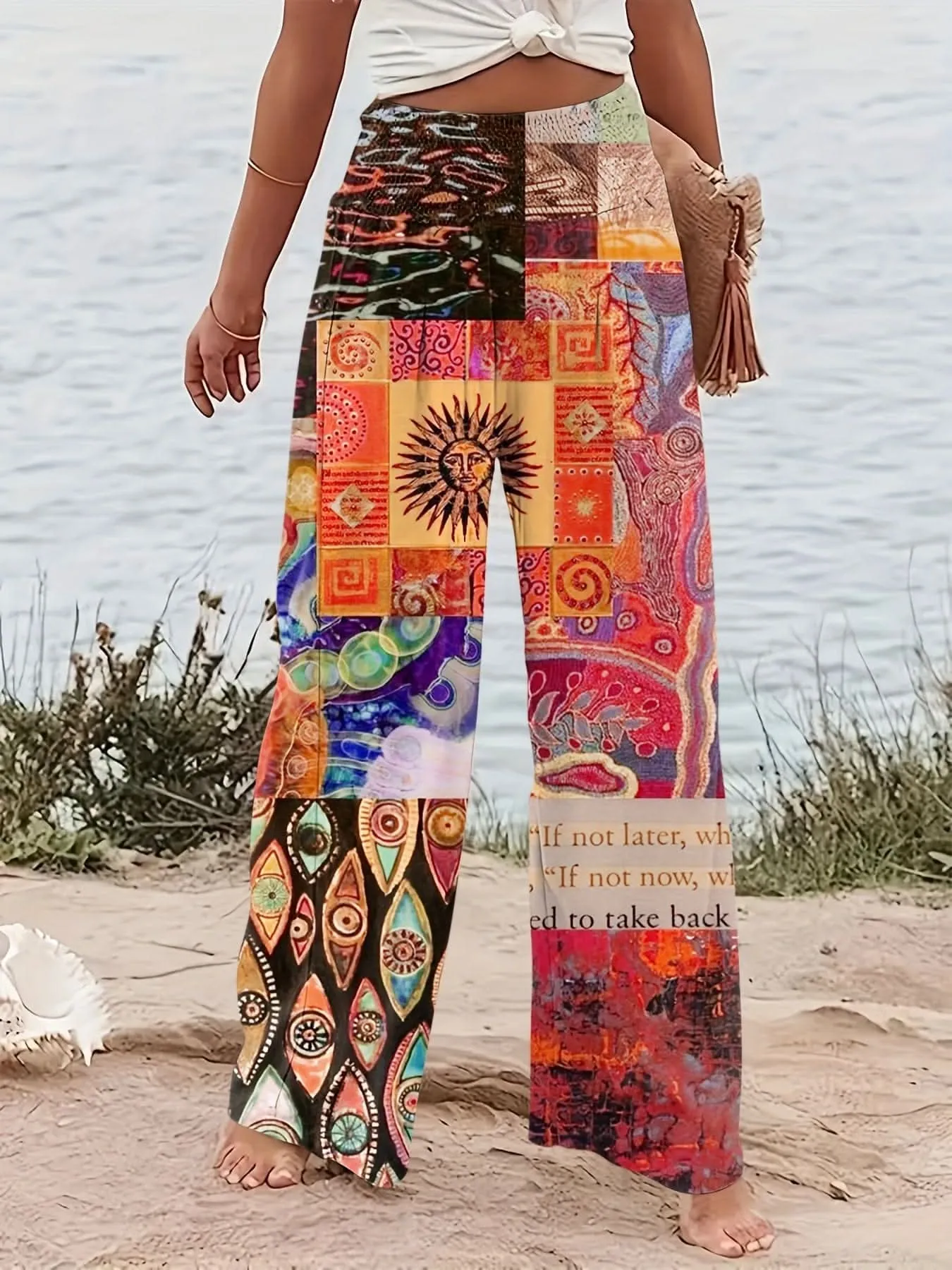 Chic Patchwork Wide Leg Pants  Flowy Vacation Style