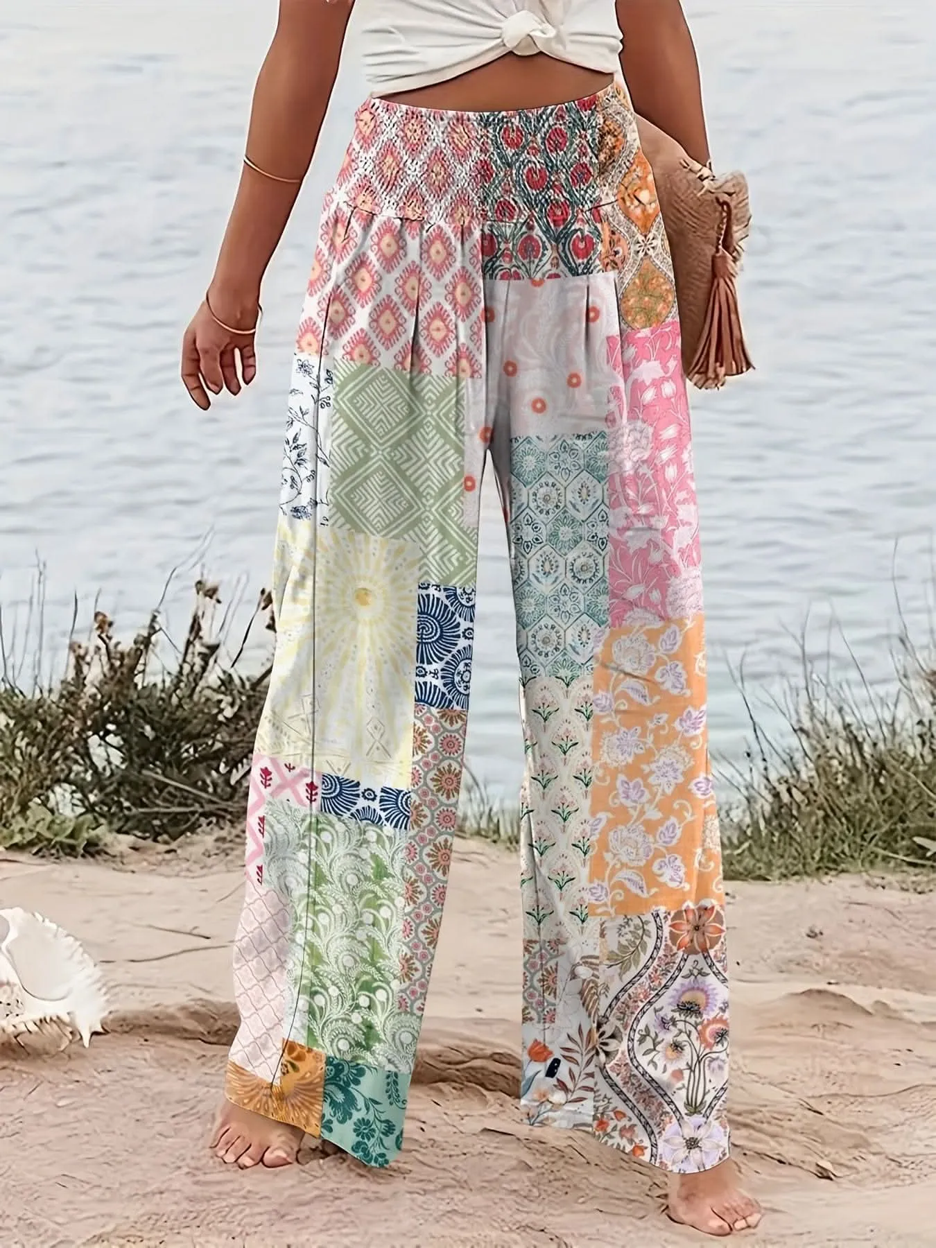 Chic Patchwork Wide Leg Pants  Flowy Vacation Style