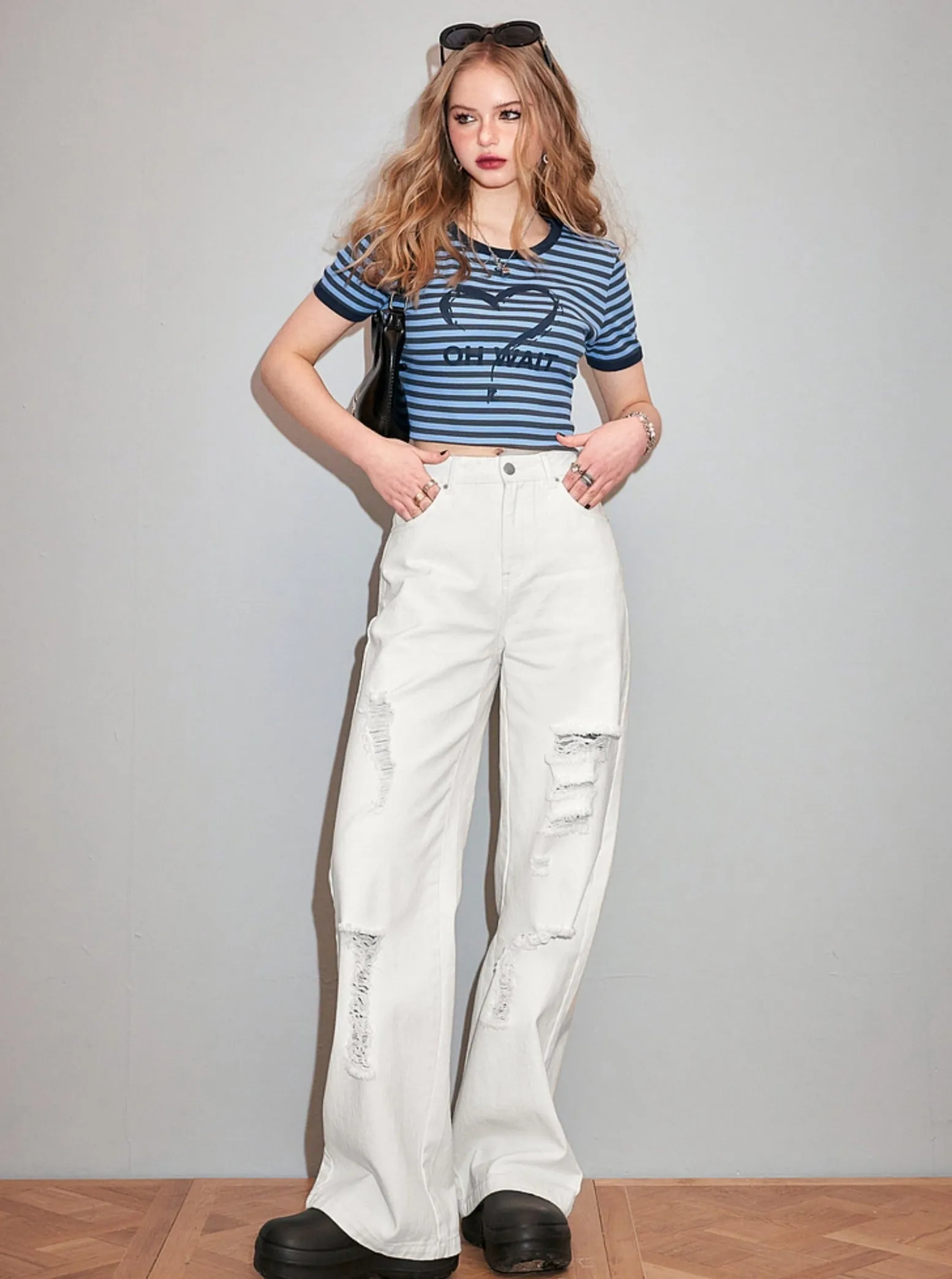 Chic Ripped High-Waist White Denim Pants