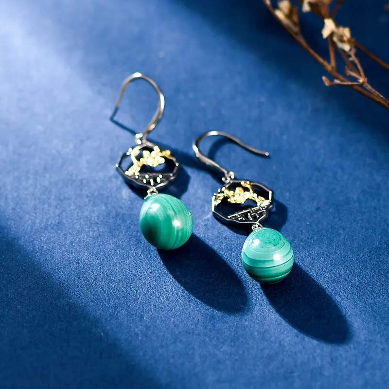 Chinese Ancient Style Window Plum Malachite Earrings