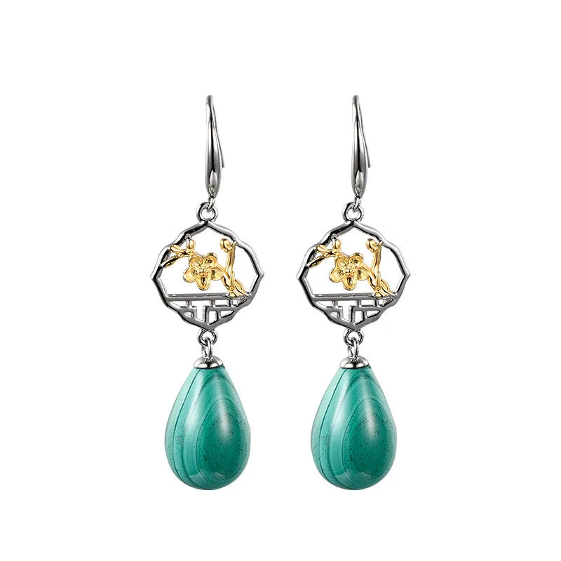 Chinese Ancient Style Window Plum Malachite Earrings