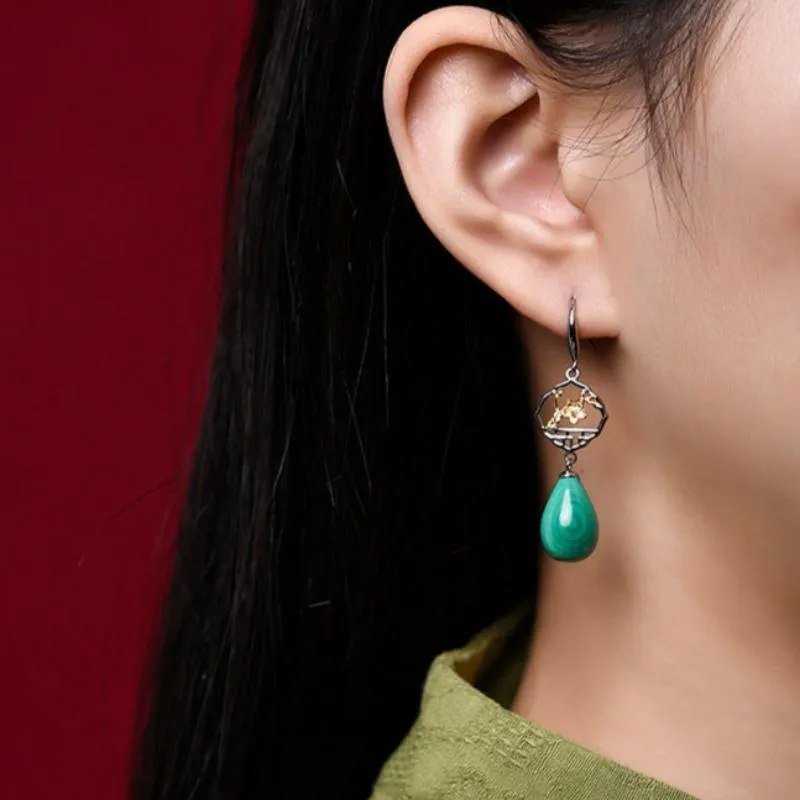 Chinese Ancient Style Window Plum Malachite Earrings