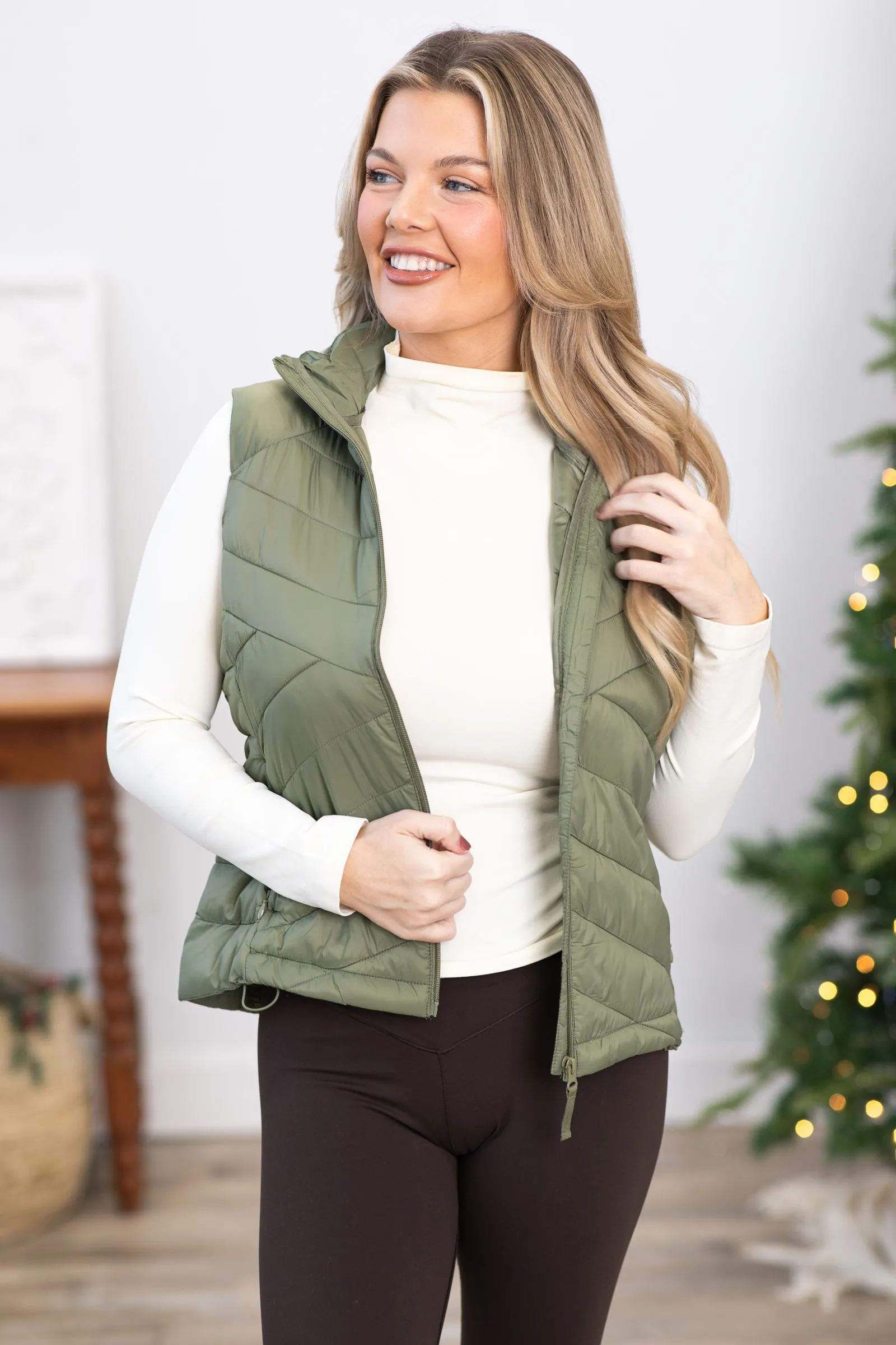 Dark Sage Quilted Zip Up Vest