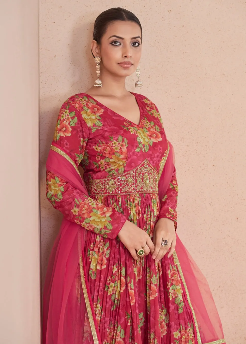 Digital Printed Pink Embroidered Wedding Anarkali Gown