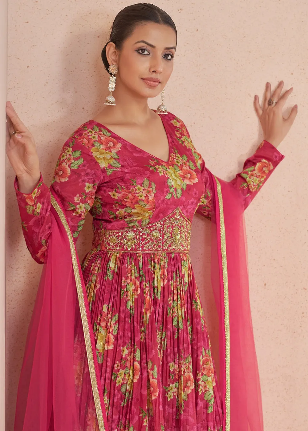 Digital Printed Pink Embroidered Wedding Anarkali Gown