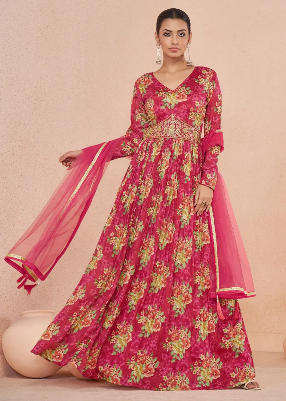 Digital Printed Pink Embroidered Wedding Anarkali Gown