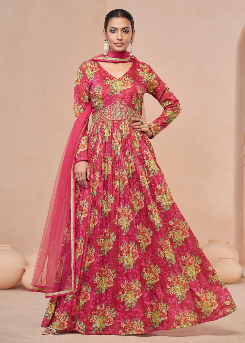 Digital Printed Pink Embroidered Wedding Anarkali Gown