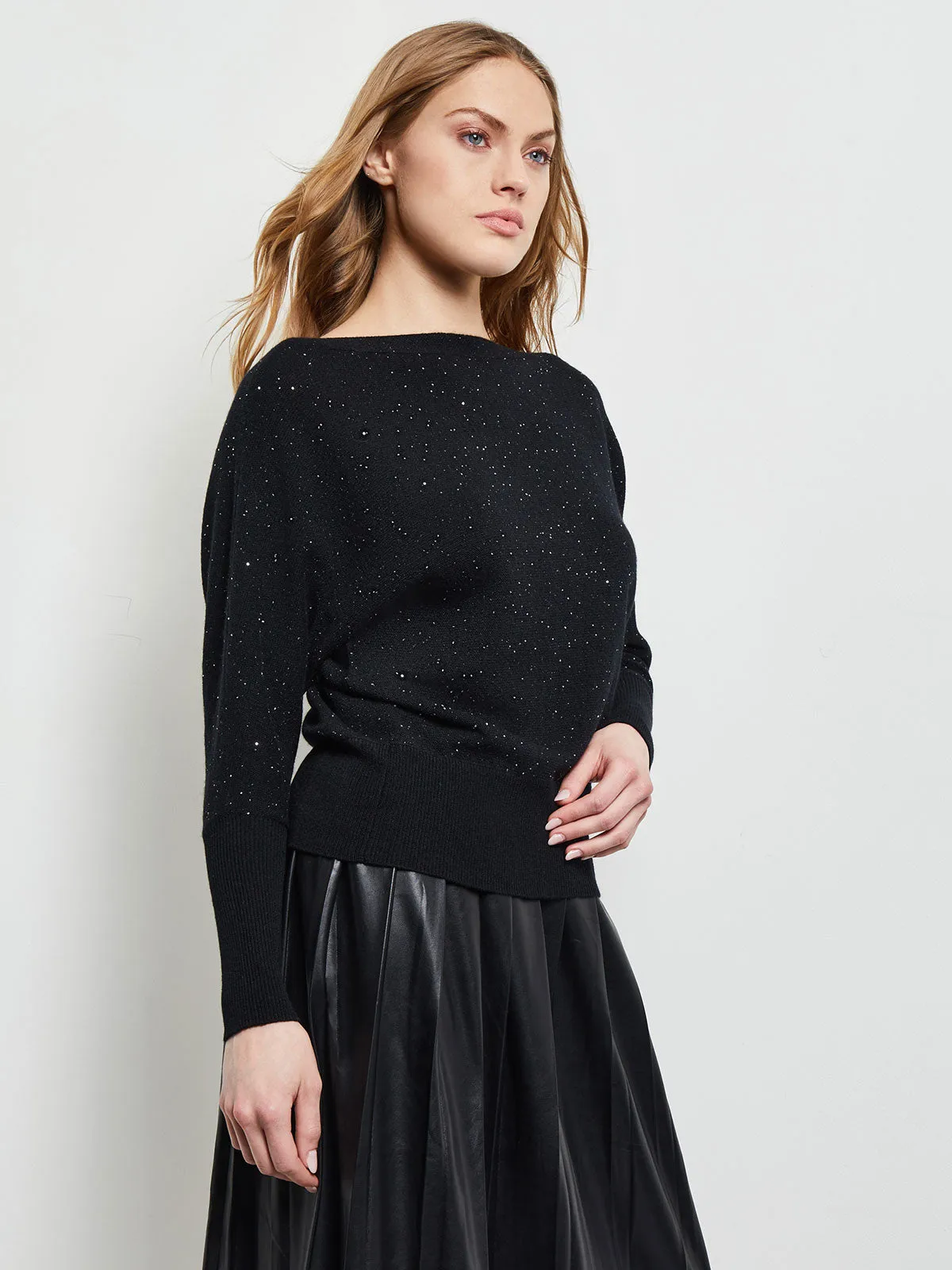 Dolman Sequin Cashmere Sweater, Black