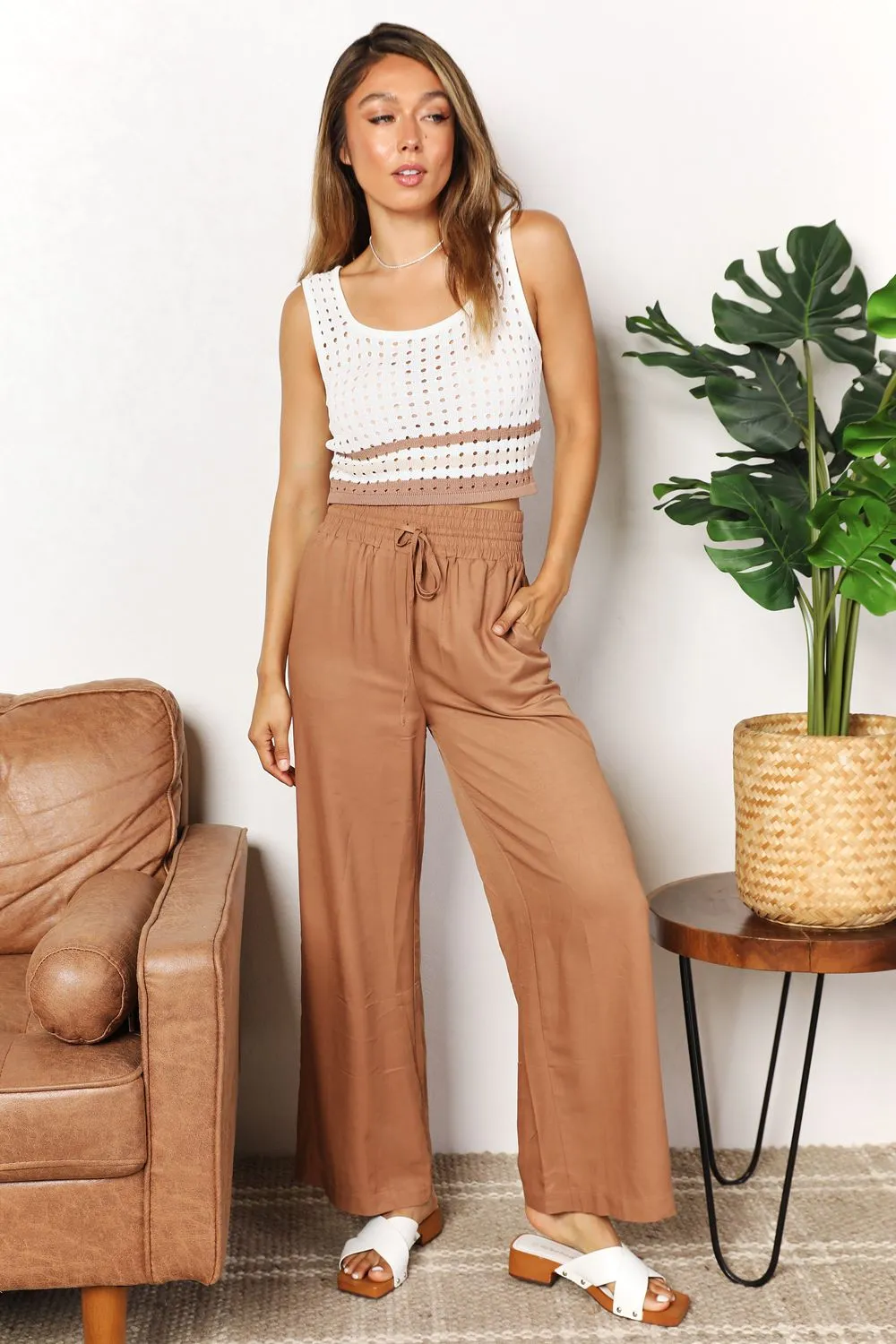 Double Take Drawstring Smocked Waist Wide Leg Pants