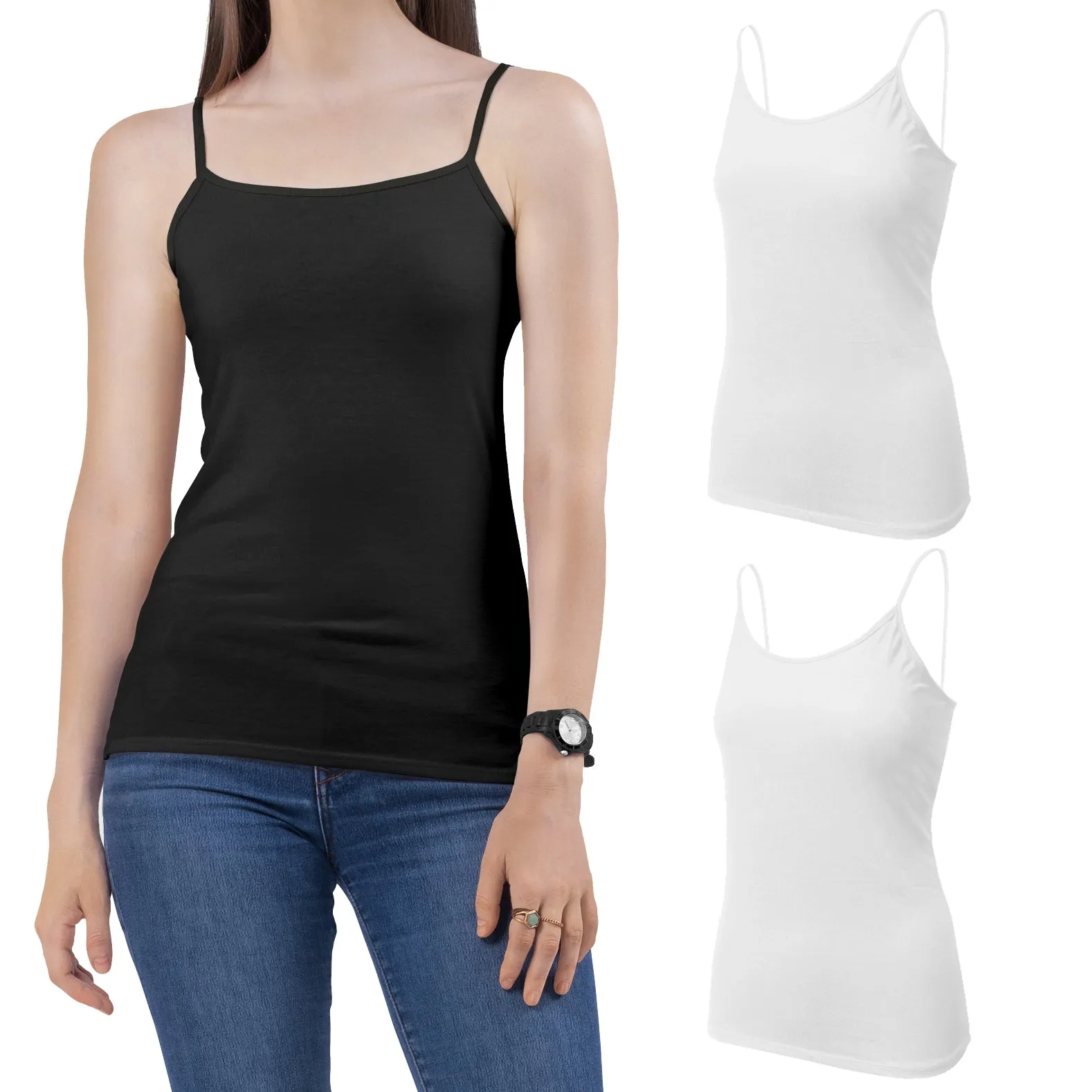 Essential Black and White Fitted Cami Camisole Spaghetti & Noodle Tank Top Shirt for Women 2 Pack