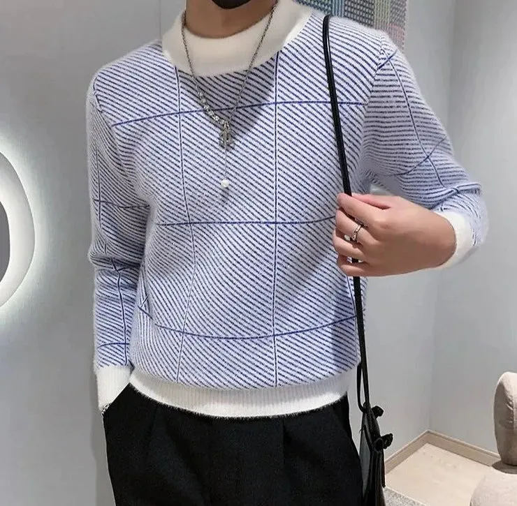 Fashion Plaid Pattern Knitted O-Neck Sweater