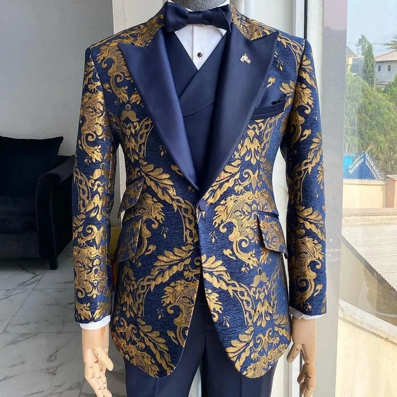 Floral Gold Navy Blue 3-Piece Suits