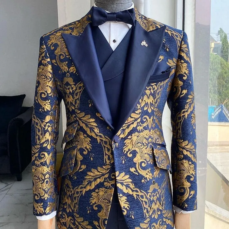 Floral Gold Navy Blue 3-Piece Suits