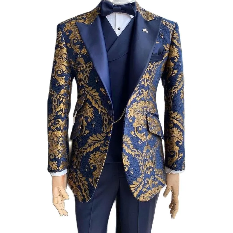 Floral Gold Navy Blue 3-Piece Suits