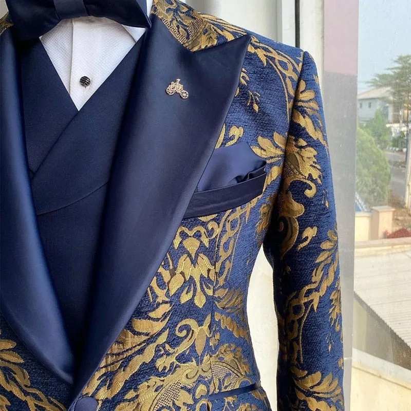 Floral Gold Navy Blue 3-Piece Suits