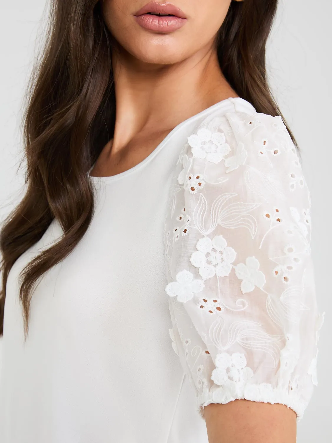 Flower Embroidered Eyelet Sleeve Top