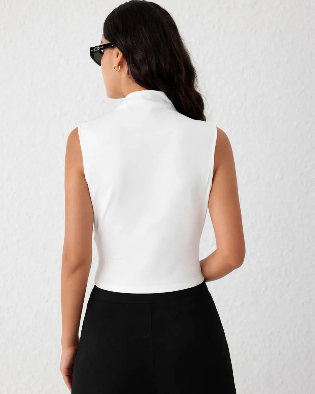 High Neck Ruched Sleeveless White Crop Top