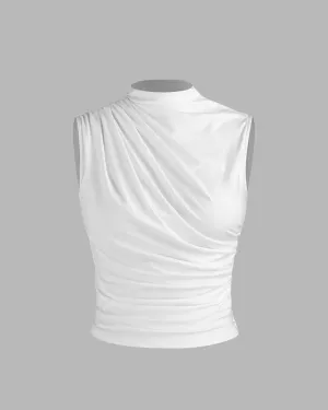 High Neck Ruched Sleeveless White Crop Top