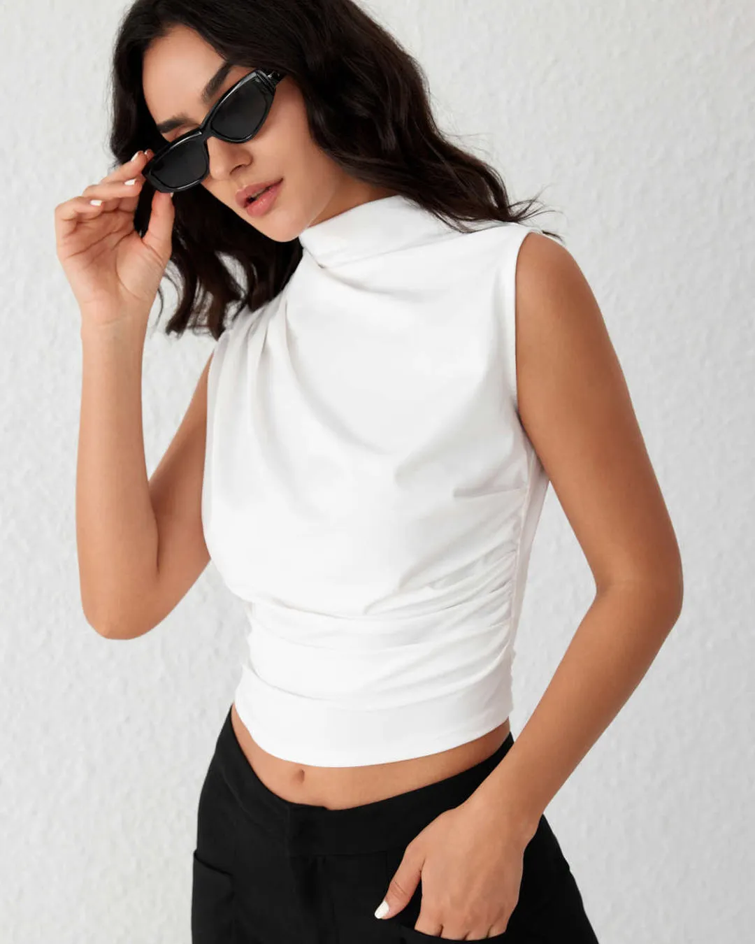 High Neck Ruched Sleeveless White Crop Top