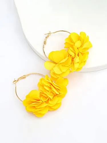 Kairangi Earrings For Women Yellow Color Boho Dangle Lace Cloth Mesh Yarn Chiffon Silk Handmade Flower Layered Petal Circel Hoop Jewelry Earrings for Women and Girls