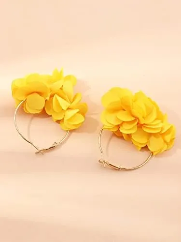 Kairangi Earrings For Women Yellow Color Boho Dangle Lace Cloth Mesh Yarn Chiffon Silk Handmade Flower Layered Petal Circel Hoop Jewelry Earrings for Women and Girls