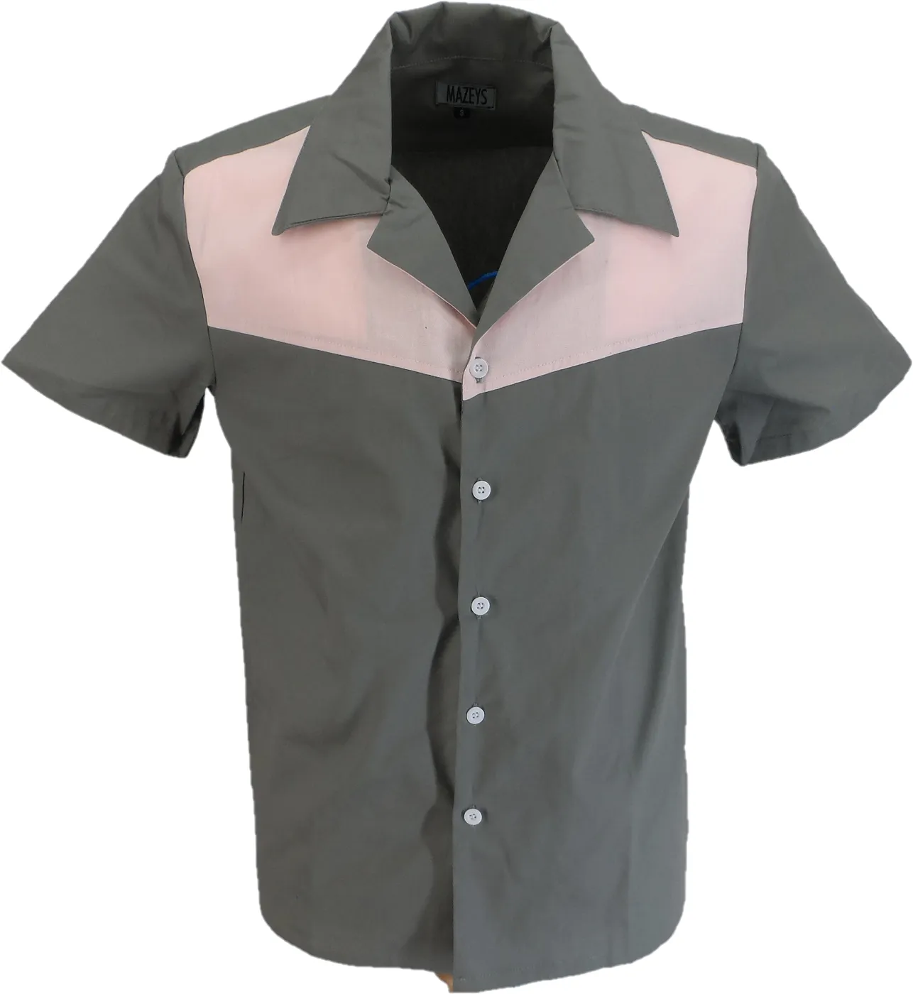 Mazeys Mens Retro Grey/Pink Rockabilly Bowling Shirts