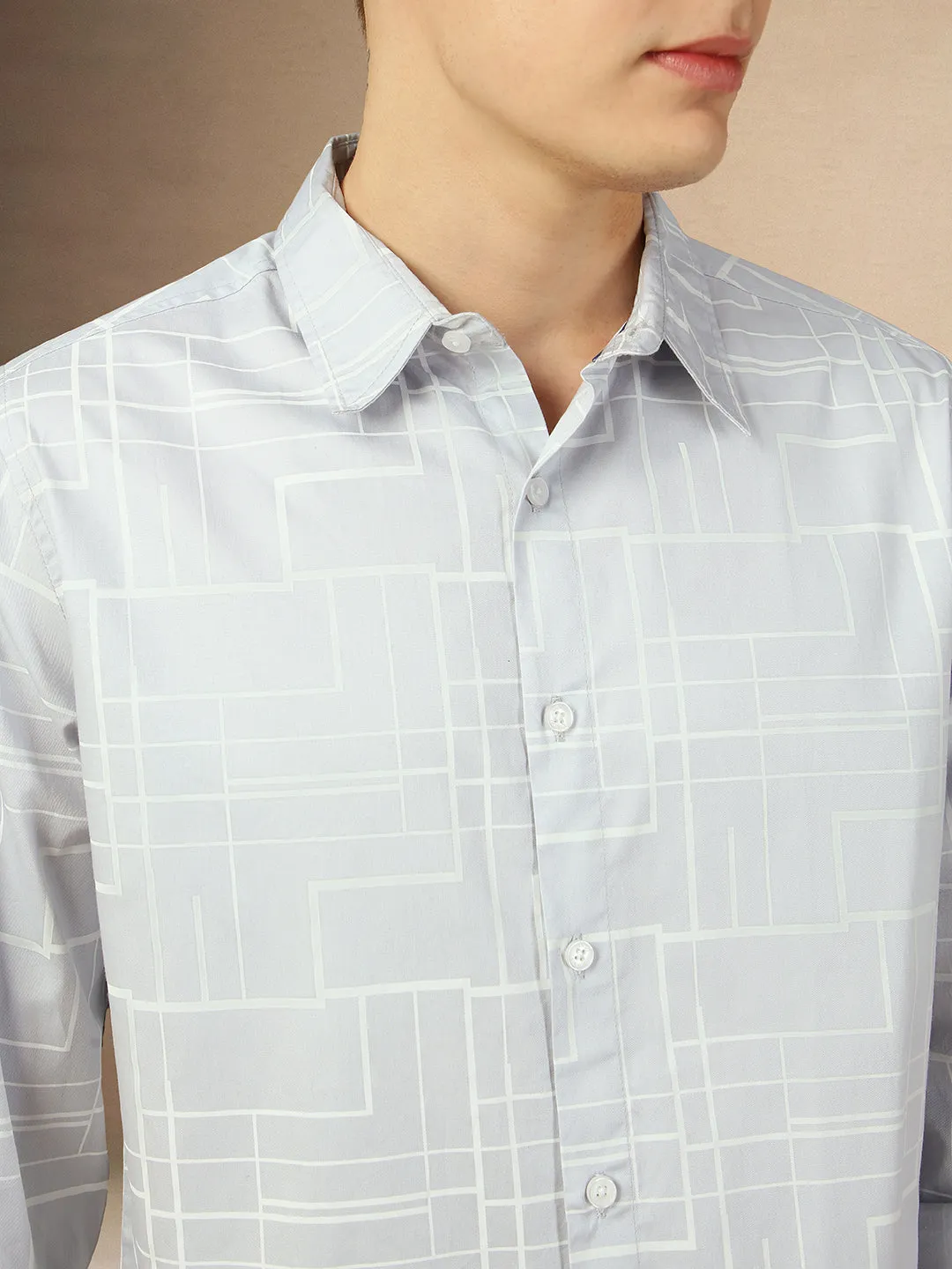 Men's Grey Printed Spread Collar Full Sleeves Regular Fit Shirt