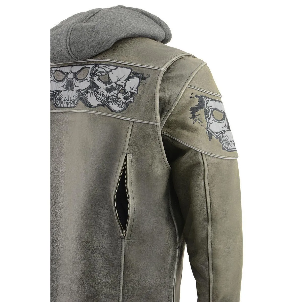 Milwaukee Leather MLM1562 Men's Distressed Grey Leather Jacket with Reflective Skulls