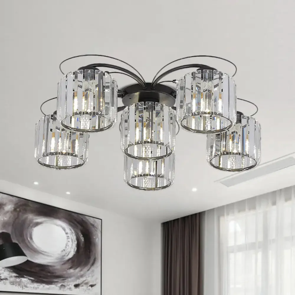 Modernist Column Flush Mount Light with Clear Crystal Block - Ideal for Bedroom Lighting (4/6 Bulbs)