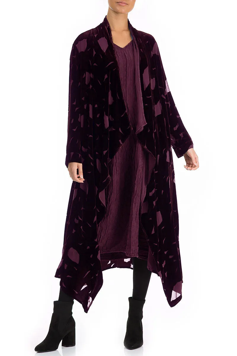 Open Devoré Burgundy Silk Velvet Maxi Jacket