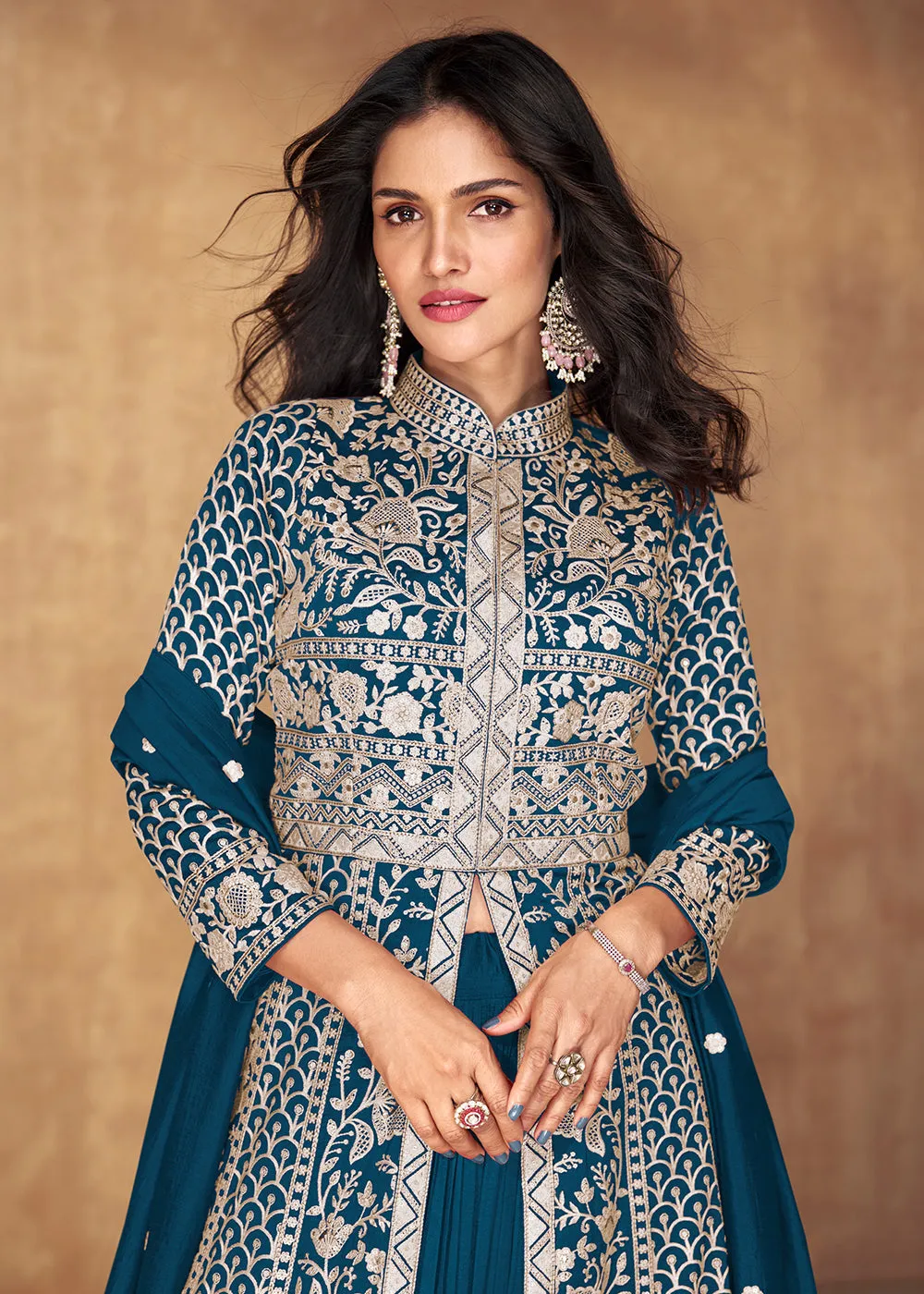 Prussian Blue Slit Style Embroidered Lehenga Anarkali Suit