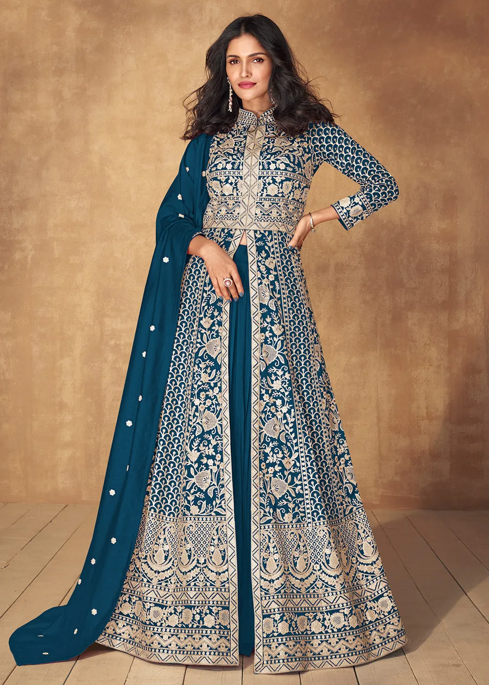 Prussian Blue Slit Style Embroidered Lehenga Anarkali Suit