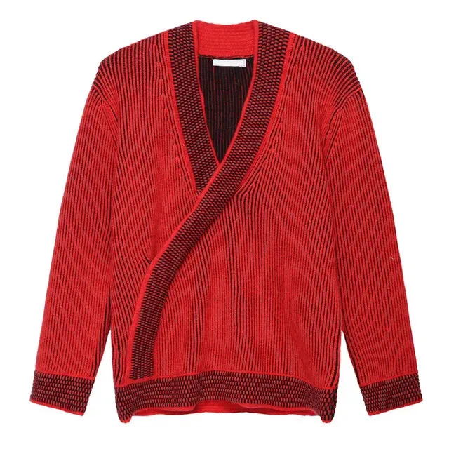 Red Solid Striped V-Neck Sweater