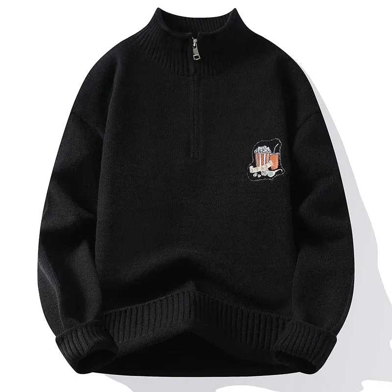 Solid Zipper Patches Turtleneck Sweater