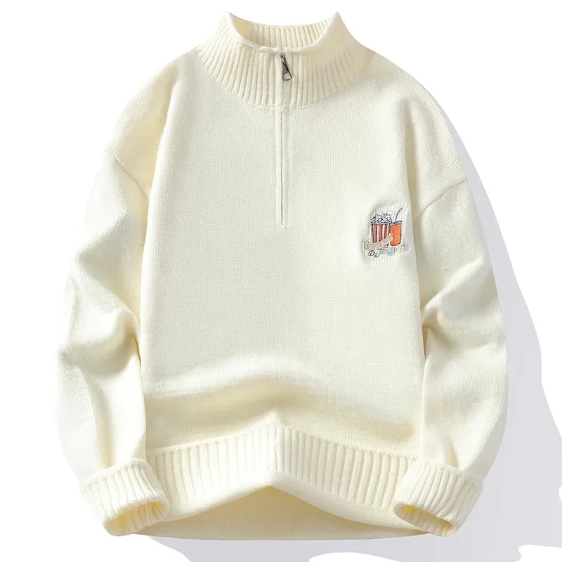 Solid Zipper Patches Turtleneck Sweater